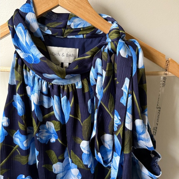 SACHIN + BABI Kayla Crinkle Georgette Floral‎ Gown Blue Bow Maxi Coquette 10 - Picture 4 of 9